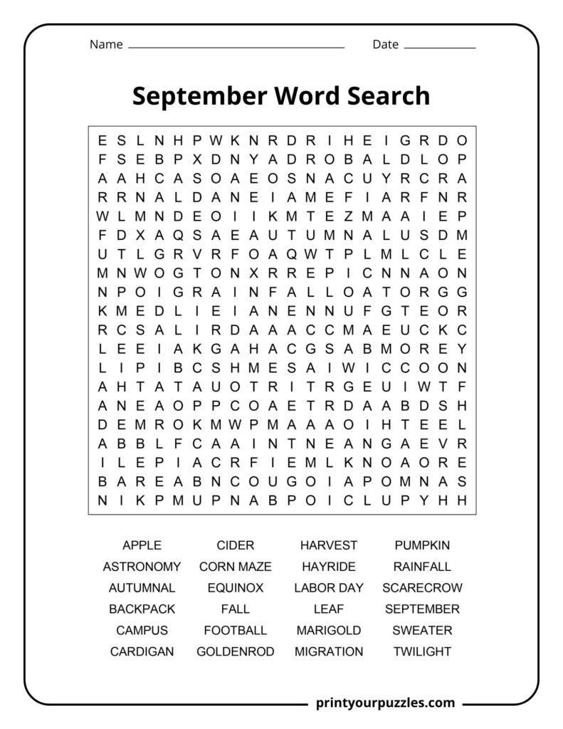 Hard September word search puzzle with autumn vocabulary in a printable educational worksheet.