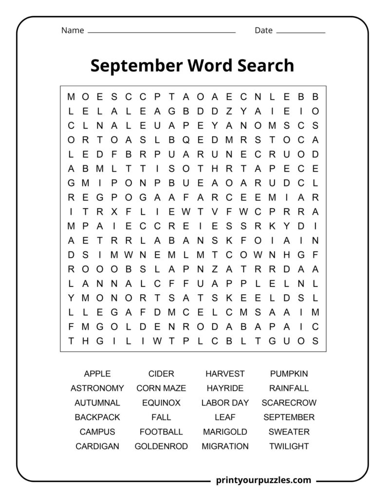 Medium September word search printable with autumn vocabulary and seasonal classroom activity design.