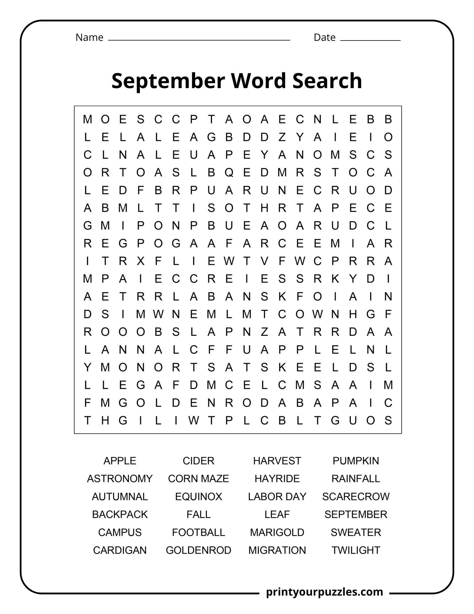 Medium September word search printable with autumn vocabulary and seasonal classroom activity design.