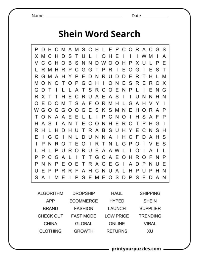 Hard Shein word search puzzle featuring ecommerce, fashion, shipping, and viral shopping trend terms.