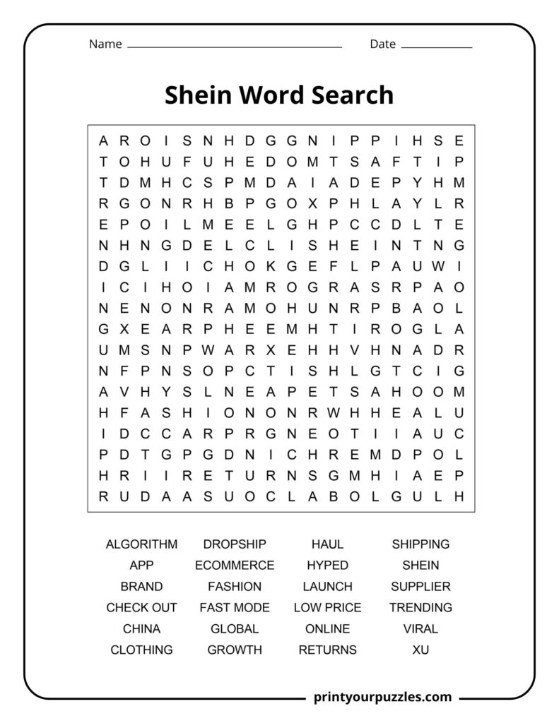 Medium Shein word search puzzle featuring fashion, ecommerce, online shopping, and viral trend vocabulary.