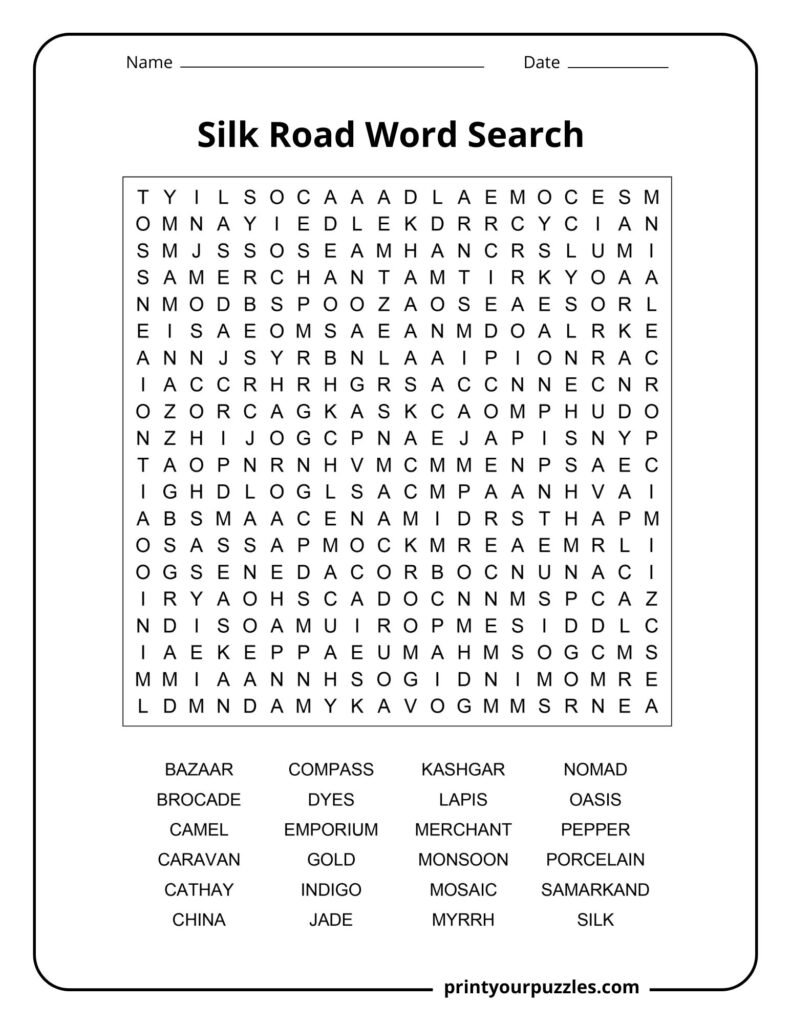 Hard Silk Road word search puzzle with dense grid and terms like caravan, Samarkand, silk, and trade.