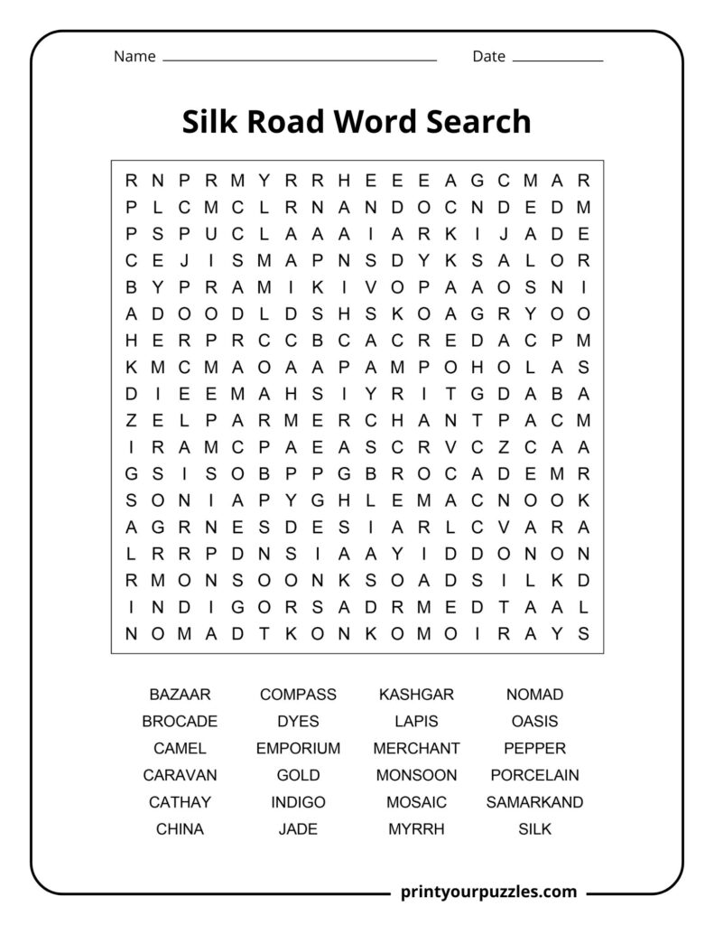Medium Silk Road word search with words like merchant, jade, caravan, oasis, and silk trade routes.