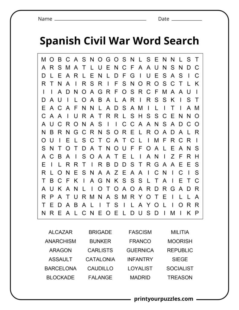 Hard Spanish Civil War word search puzzle with terms like Guernica, Franco, Falange, and Madrid.