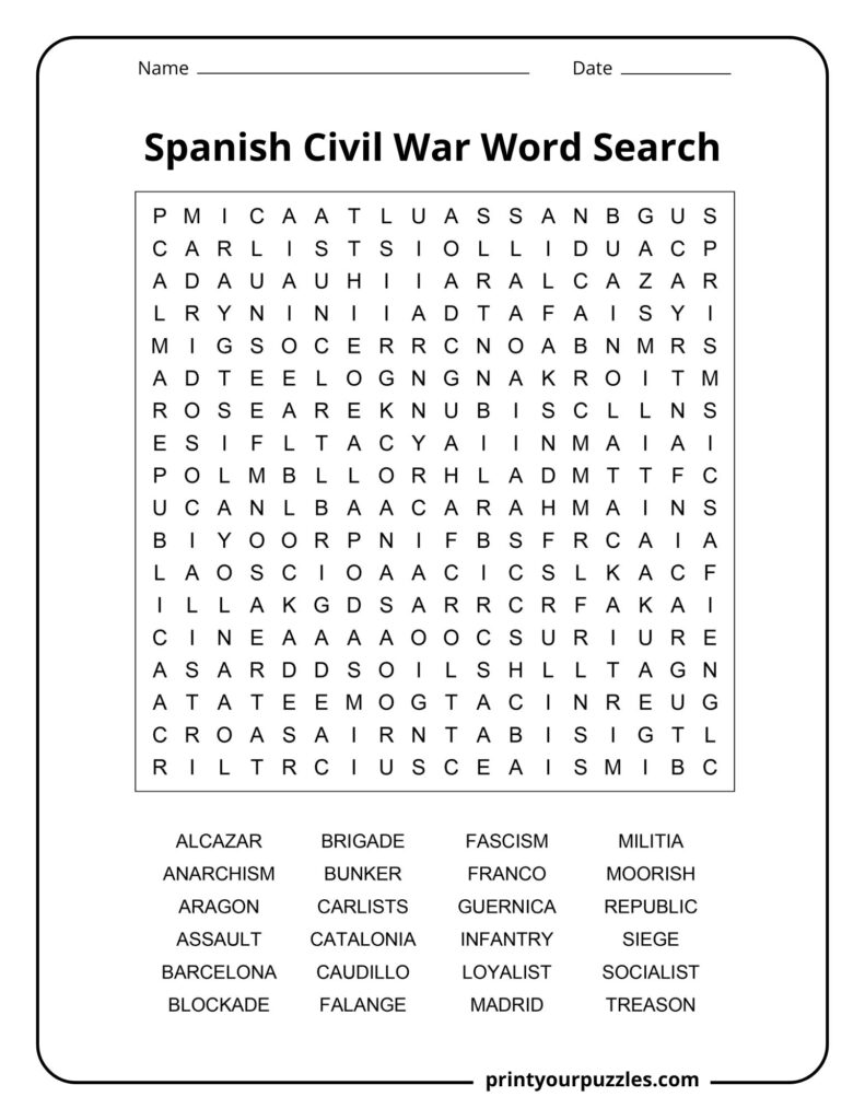 Medium Spanish Civil War word search worksheet with terms like Republic, Militia, Alcazar, and Franco.