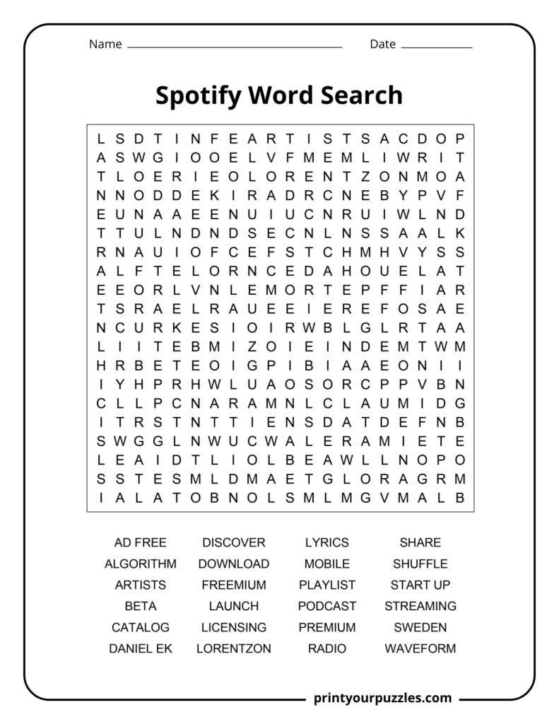 Hard Spotify word search puzzle featuring streaming, playlists, podcasts, and music platform vocabulary.