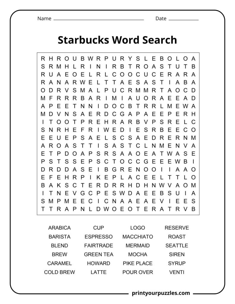 Hard Starbucks-themed word search puzzle featuring coffee drinks, café terms, and Starbucks vocabulary.
