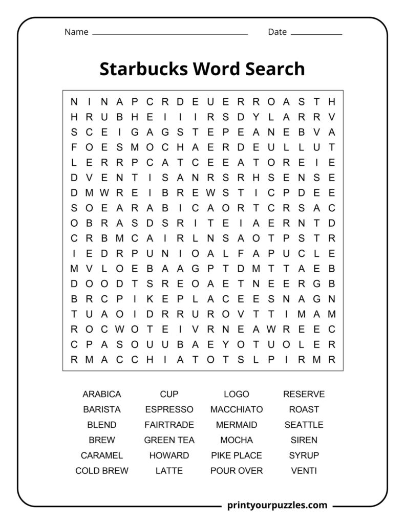 Medium Starbucks word search puzzle featuring coffee drinks, café vocabulary, and Starbucks-related terms.