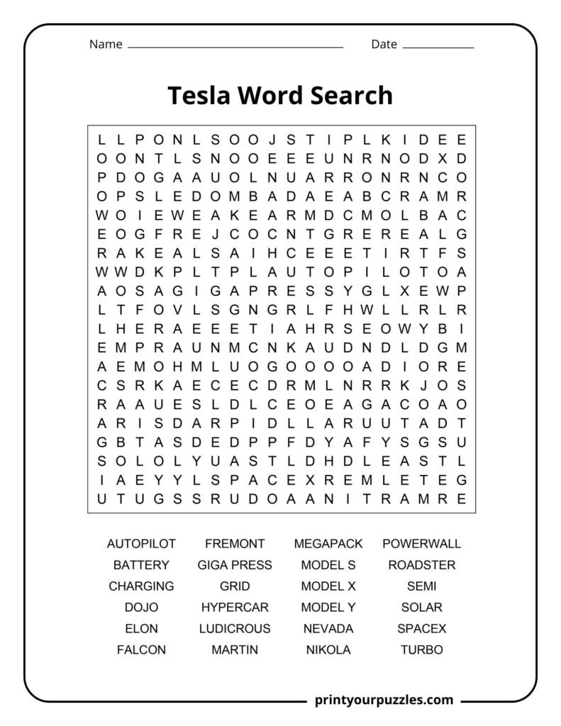 Hard Tesla word search puzzle with Autopilot, SpaceX, Model S, Powerwall, and EV technology terms.
