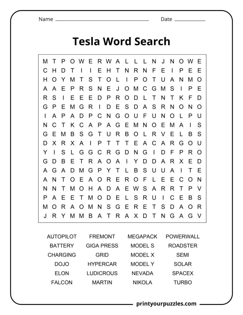 Medium Tesla word search puzzle featuring Model X, Autopilot, Powerwall, batteries, and EV-related terms.