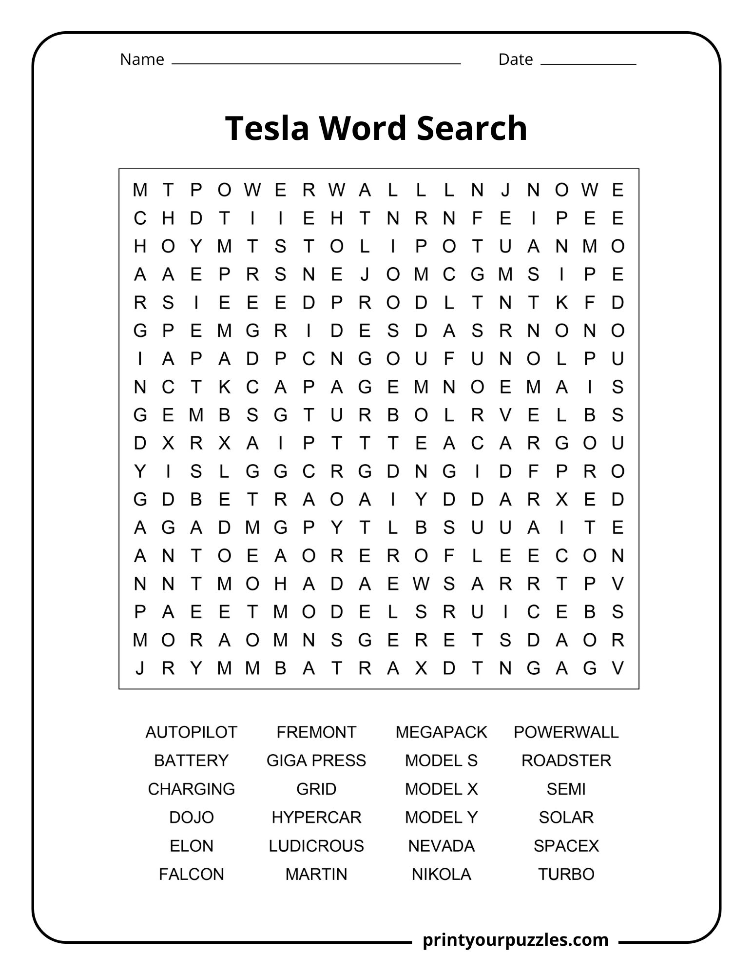 Medium Tesla word search puzzle featuring Model X, Autopilot, Powerwall, batteries, and EV-related terms.