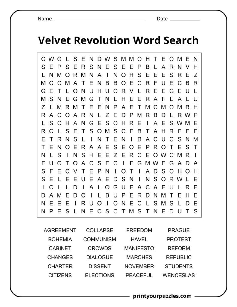 Hard Velvet Revolution word search puzzle with terms like Prague, Havel, Communism, and Peaceful.