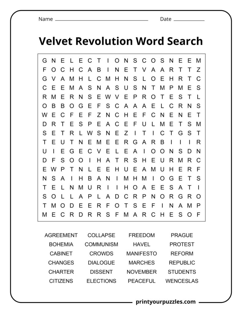 Medium Velvet Revolution word search worksheet with terms such as Protest, Elections, Freedom, and Havel.