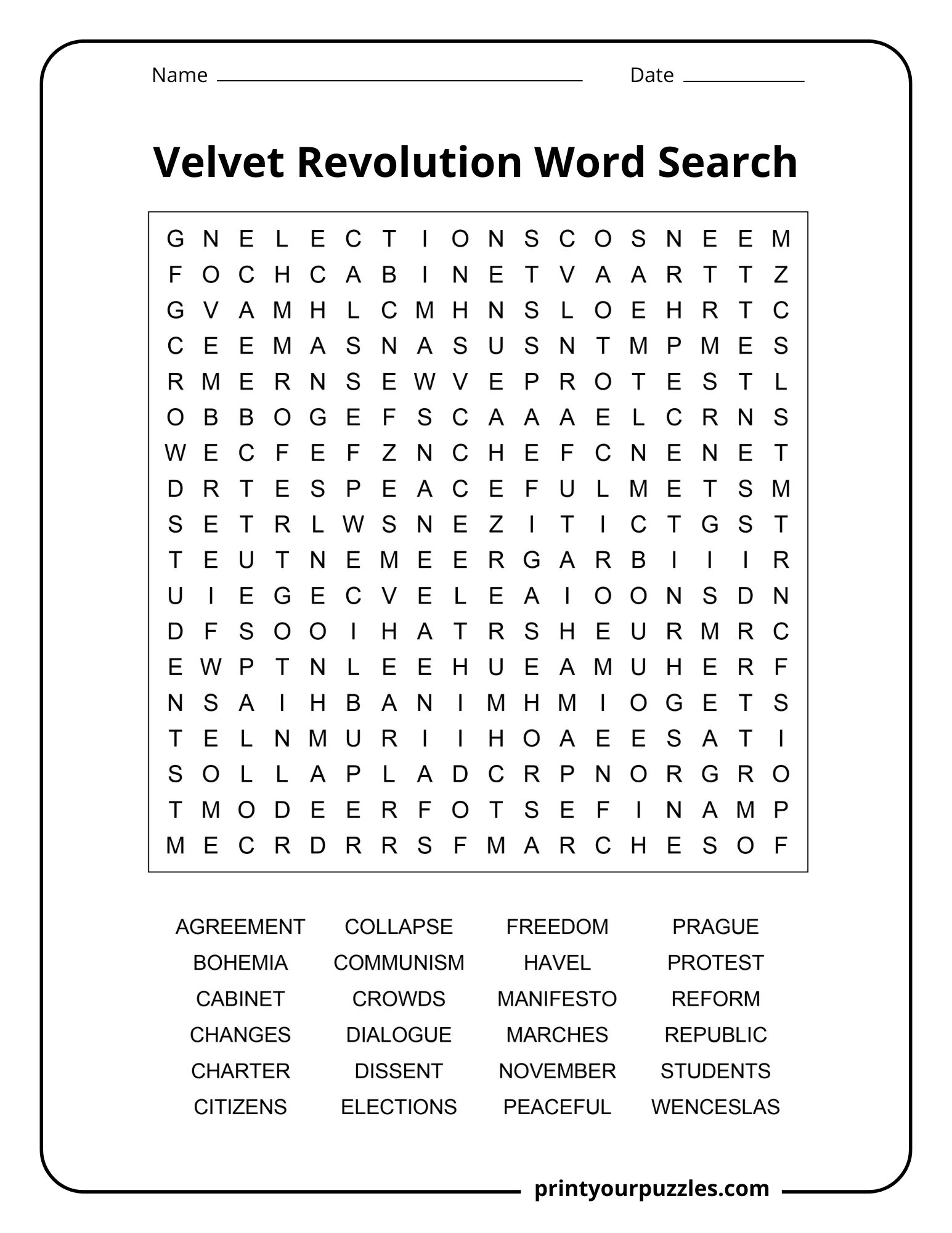 Medium Velvet Revolution word search worksheet with terms such as Protest, Elections, Freedom, and Havel.
