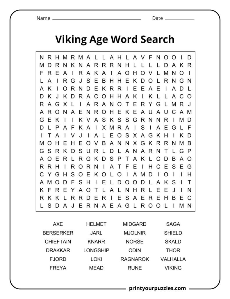 Hard Viking Age word search puzzle with terms like Ragnarok, Valhalla, Longship, and Mjolnir.