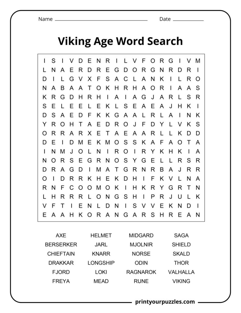 Medium Viking Age word search worksheet with terms like Odin, Thor, Viking, and Longship.