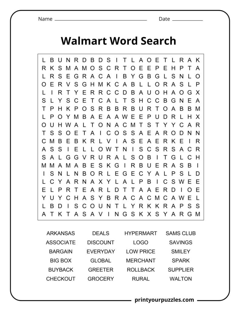 Hard Walmart-themed word search puzzle featuring retail terms, Walmart concepts, and company vocabulary.