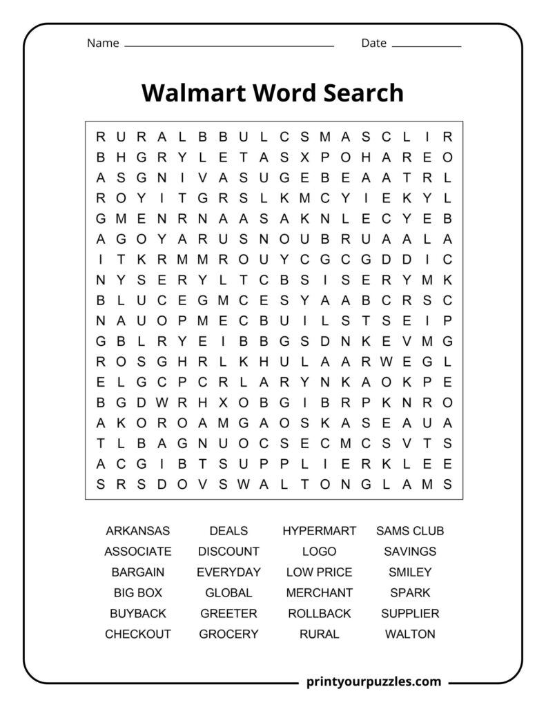 Medium Walmart word search puzzle with retail vocabulary, Walmart concepts, and shopping-related terms.