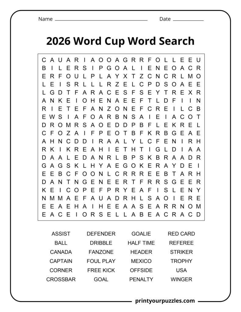 Hard 2026 World Cup word search puzzle featuring soccer terms, countries, and football championship vocabulary.