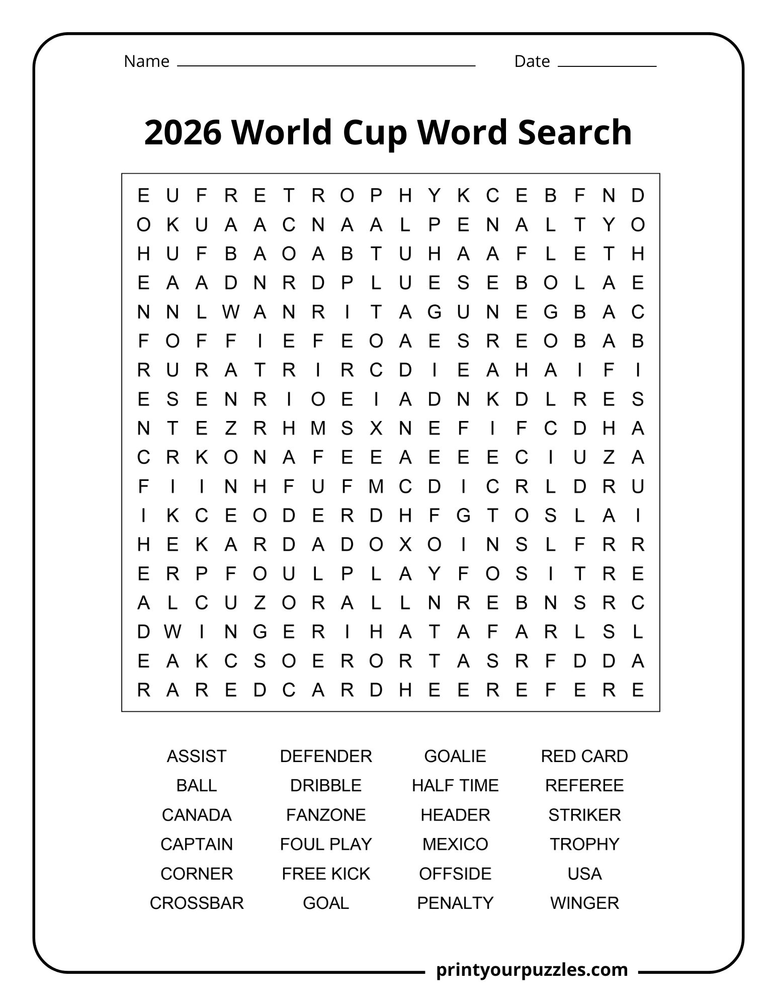 Medium 2026 World Cup word search printable featuring soccer vocabulary and international football tournament terms.