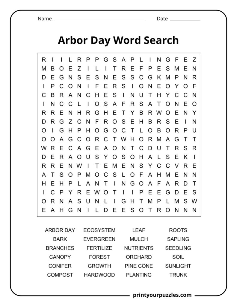 Medium Arbor Day word search worksheet with branches, sapling, sunlight, roots, and forest-themed words.
