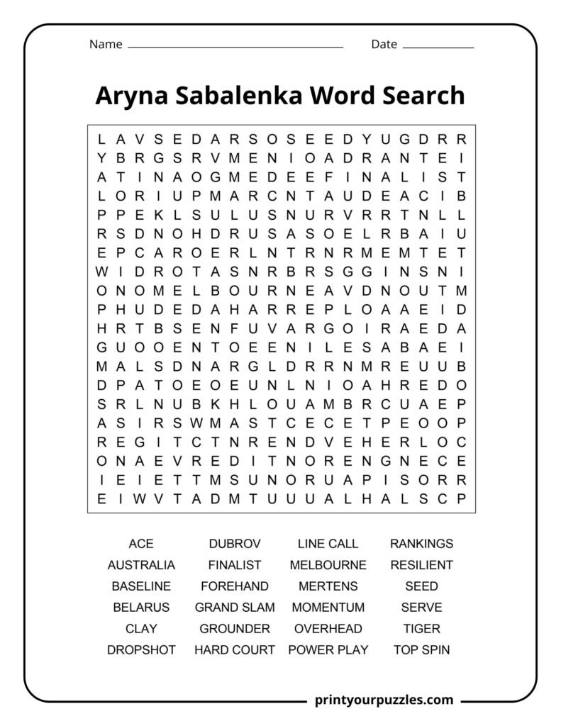 Aryna Sabalenka hard word search puzzle featuring tennis terms and Grand Slam tournament vocabulary.