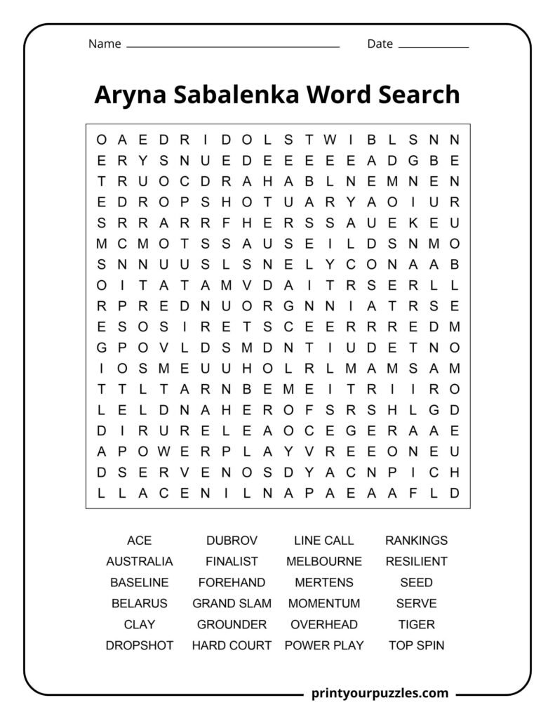 Aryna Sabalenka medium word search printable with tennis vocabulary and professional tournament keywords.