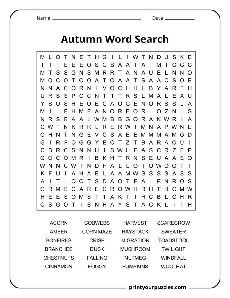 Hard autumn word search printable featuring harvest, migration, haystack, pumpkins, and twilight themes.