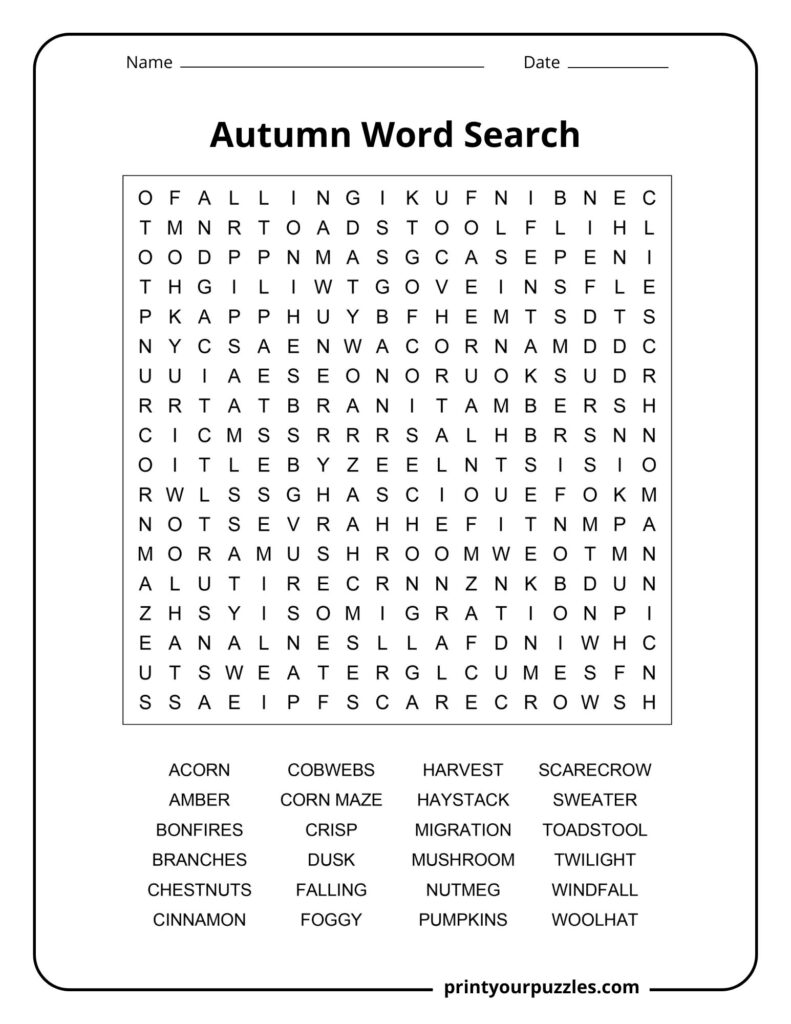 Medium autumn word search worksheet with acorn, mushroom, sweater, scarecrow, and harvest words.