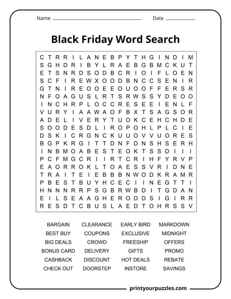 Hard Black Friday word search puzzle featuring discounts, coupons, savings, delivery, and shopping terms.