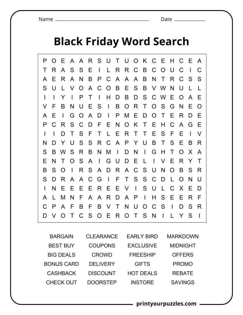 Medium Black Friday word search worksheet with savings, discounts, offers, checkout, and delivery words.