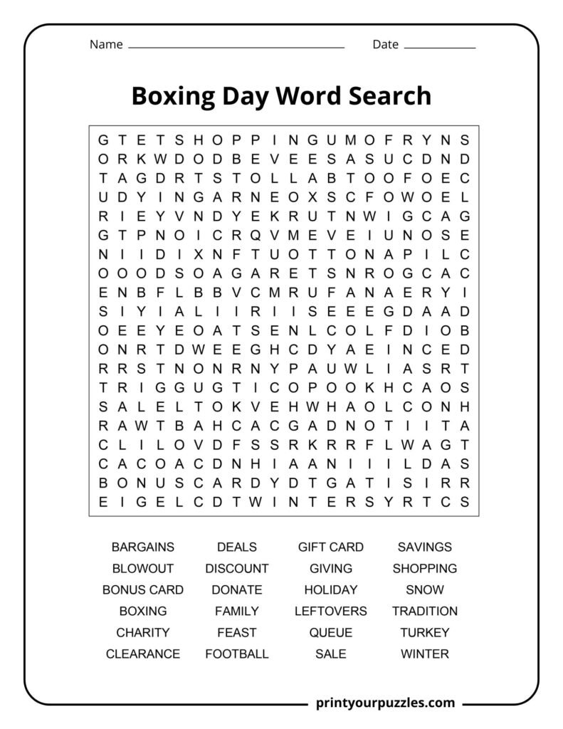 Hard Boxing Day word search puzzle featuring shopping, charity, savings, winter, and holiday-themed words.