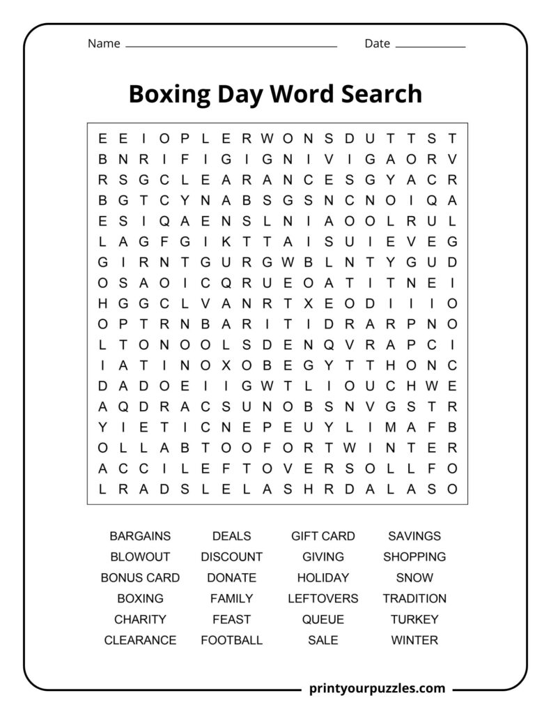 Medium Boxing Day word search worksheet with sales, discounts, family, charity, and winter-themed terms.