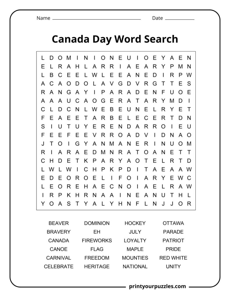 Medium Canada Day word search worksheet with Canadian symbols, traditions, and patriotic terms.