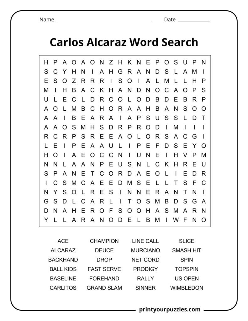 Carlos Alcaraz medium difficulty word search puzzle with tennis vocabulary and tournament themed keywords.