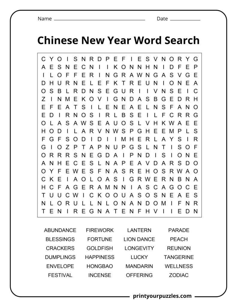 Hard Chinese New Year word search puzzle with zodiac, lanterns, reunion, fortune, and festival terms.