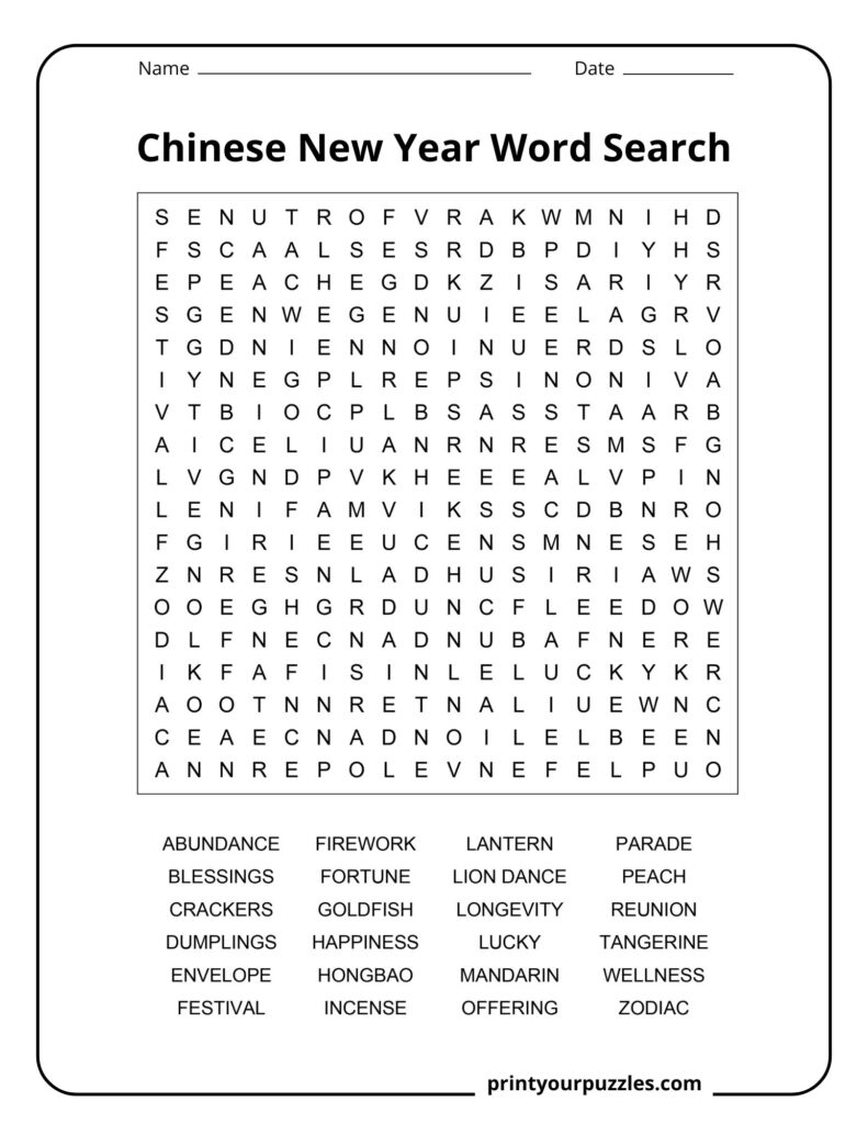 Medium Chinese New Year word search worksheet with lantern, fortune, reunion, zodiac, and festival words.