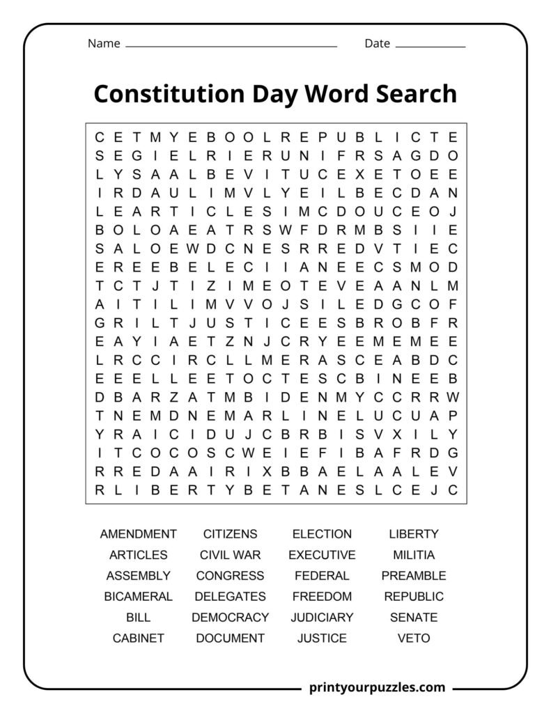 Hard Constitution Day word search with liberty, justice, democracy, republic, and federal government terms.