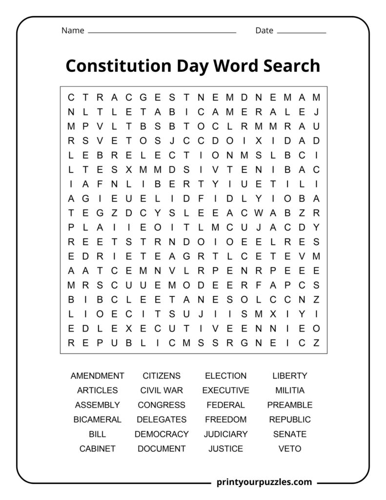 Medium Constitution Day word search worksheet with democracy, liberty, senate, republic, and justice terms.