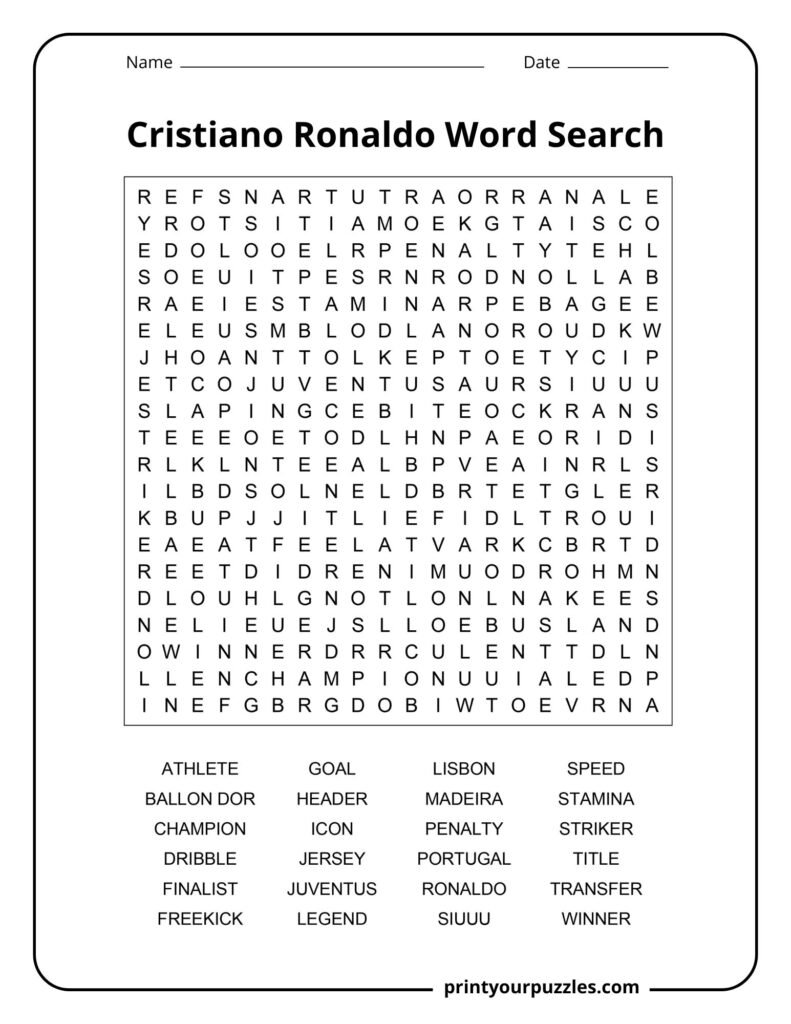 Hard Cristiano Ronaldo word search puzzle featuring football career terms, clubs, awards, and soccer vocabulary.