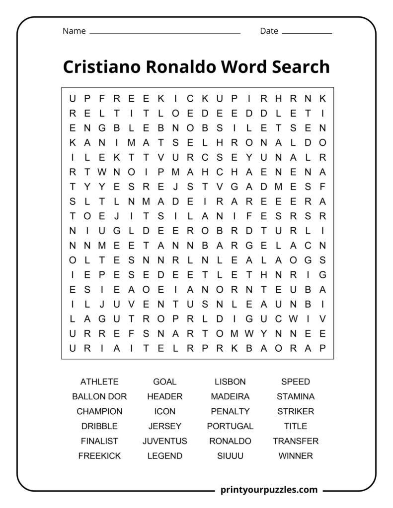 Medium Cristiano Ronaldo word search printable featuring football vocabulary, clubs, awards, and career-themed terms.