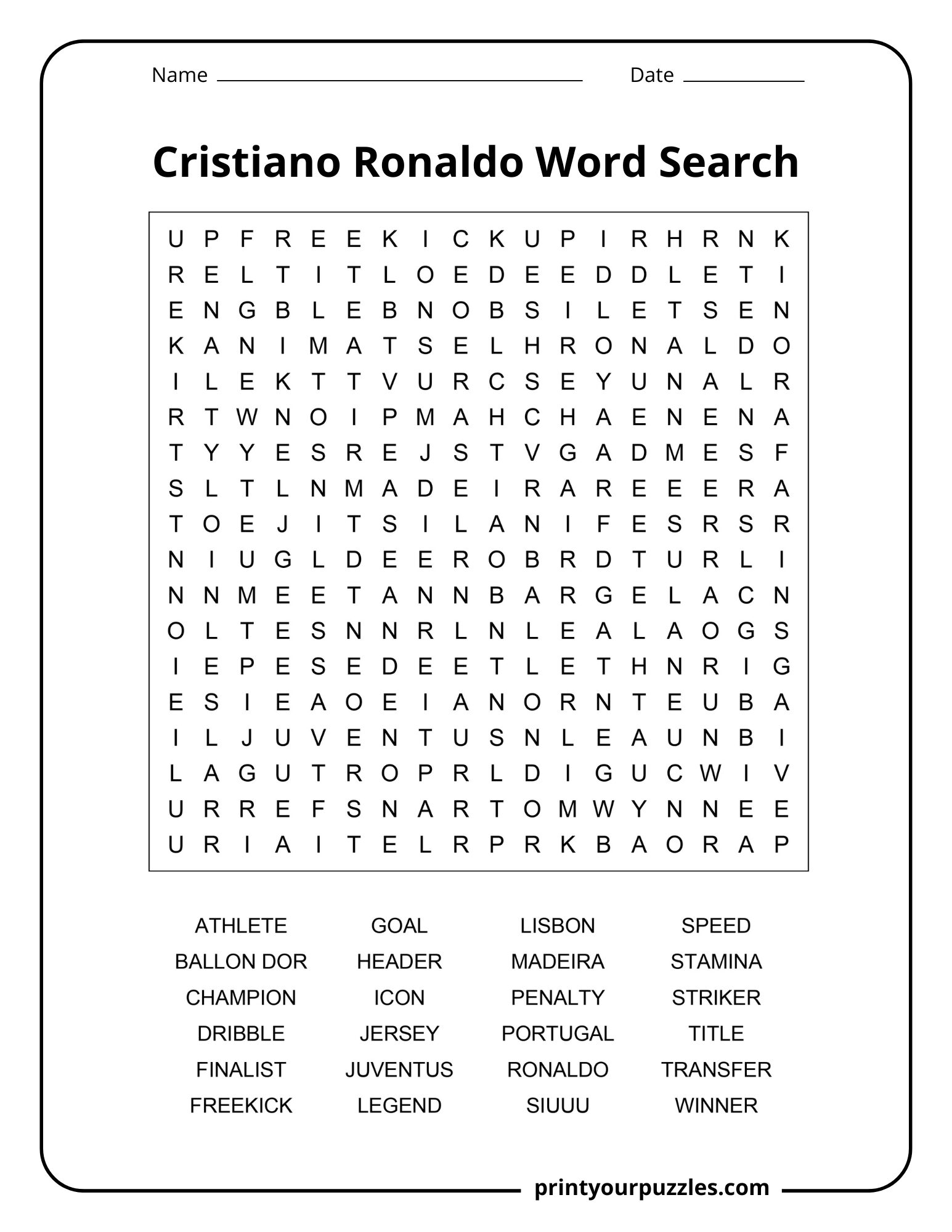 Medium Cristiano Ronaldo word search printable featuring football vocabulary, clubs, awards, and career-themed terms.
