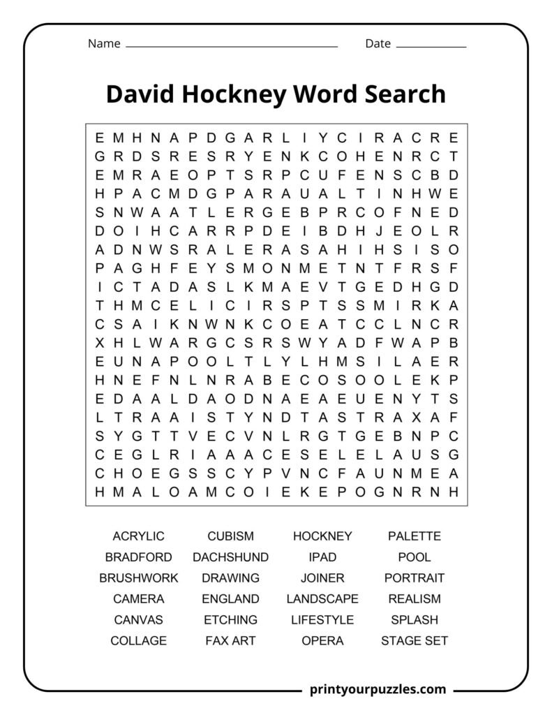 Hard David Hockney word search puzzle featuring art terms, painting styles, and themes from his career.