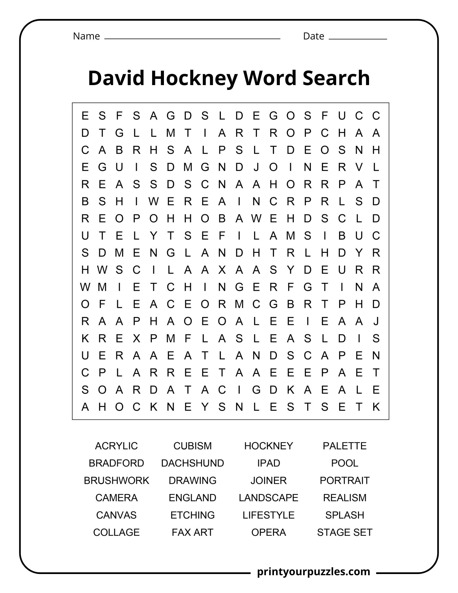 Medium David Hockney word search featuring famous art terms, painting techniques, and career-related keywords.