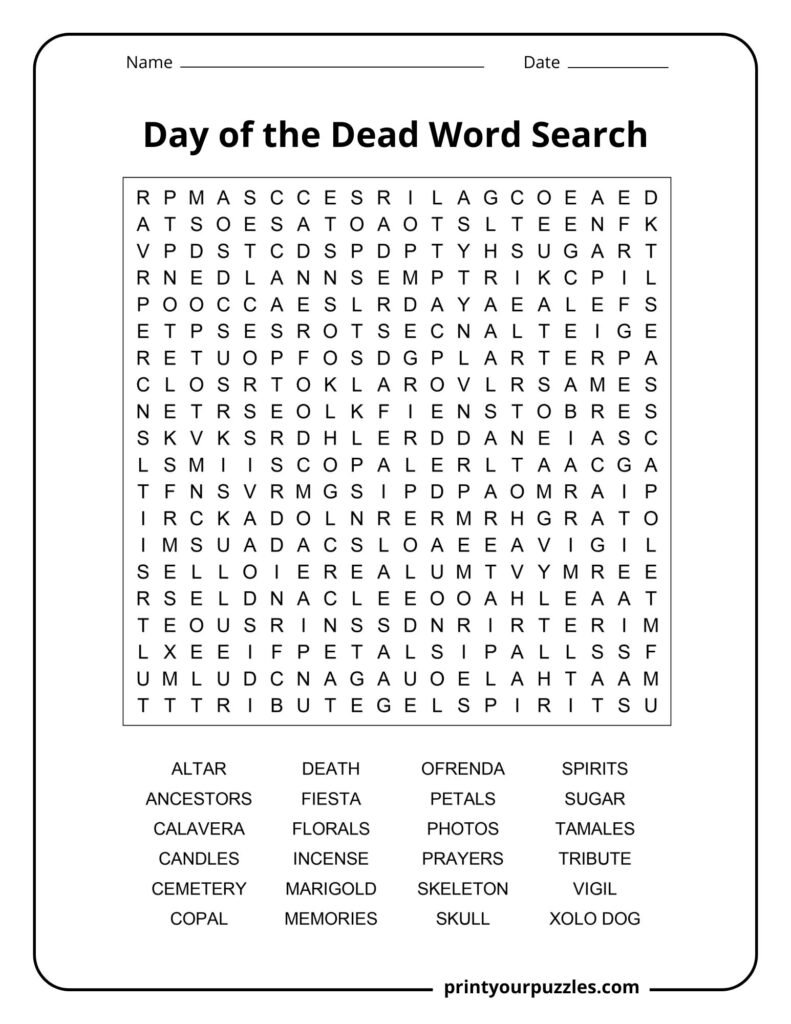 Hard Day of the Dead word search with altar, marigold, ancestors, calavera, and remembrance terms.