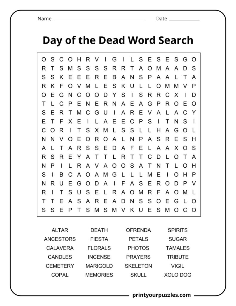 Medium Day of the Dead word search featuring marigold, skull, altar, candles, and celebration terms.