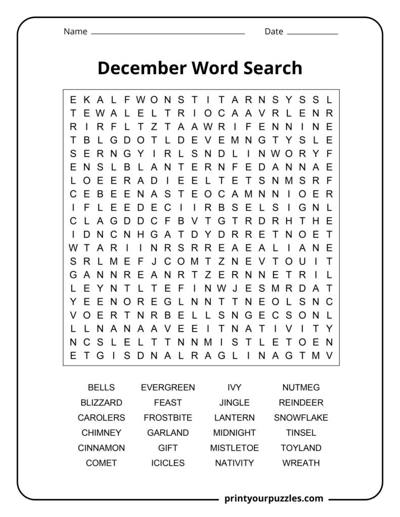 Hard December word search puzzle with winter and holiday vocabulary in a printable worksheet.