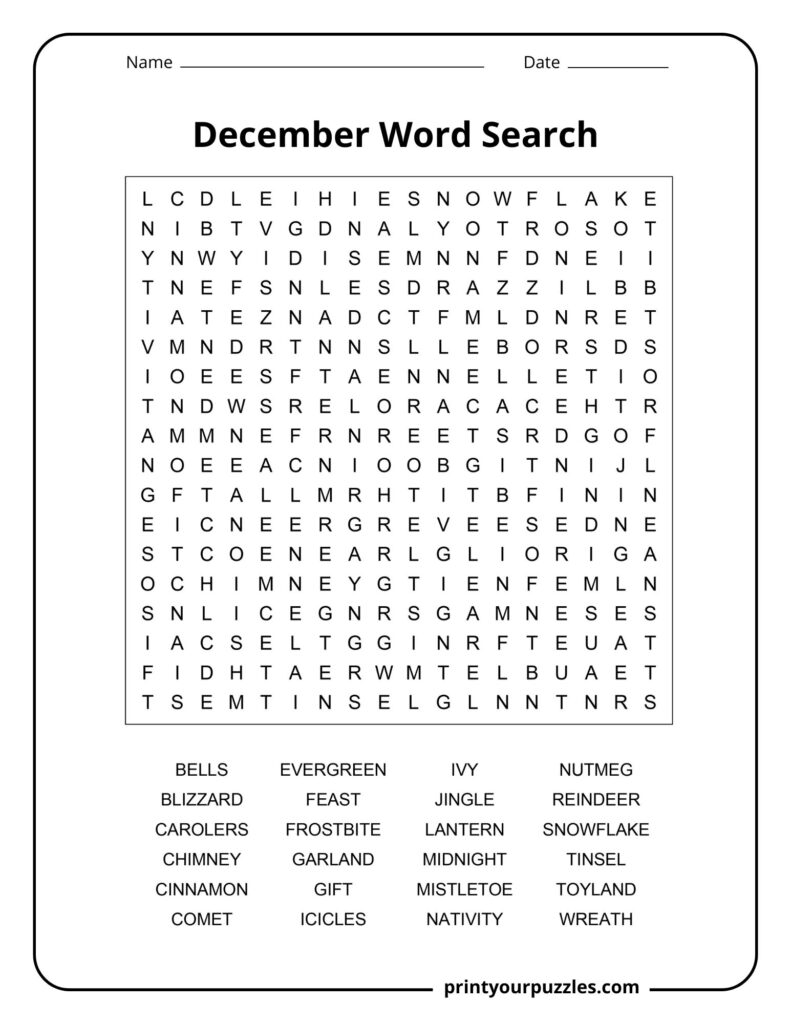 Medium December word search printable with Christmas and winter vocabulary for seasonal learning.