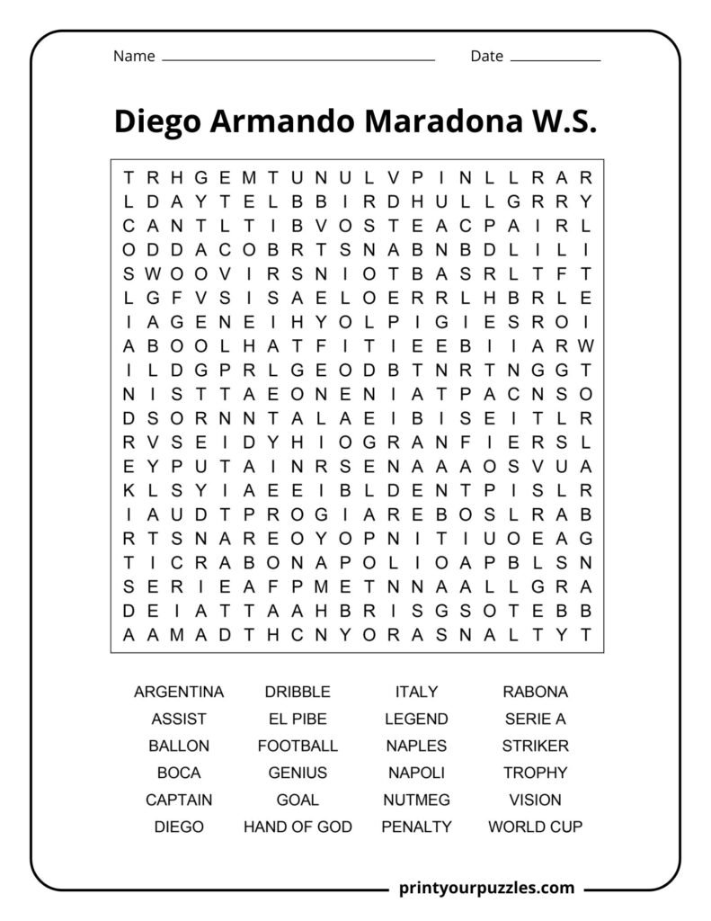Diego Maradona hard word search puzzle featuring football terms, Argentina career highlights, and legendary soccer keywords.