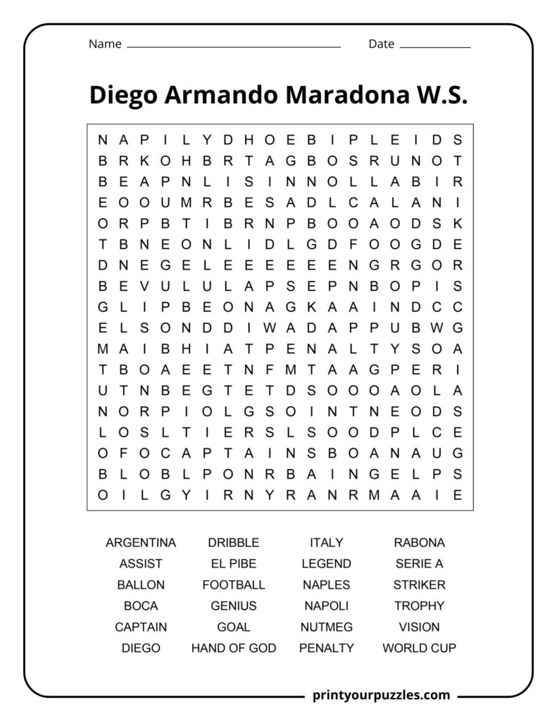 Diego Maradona medium difficulty word search puzzle with soccer vocabulary and iconic football career terms.